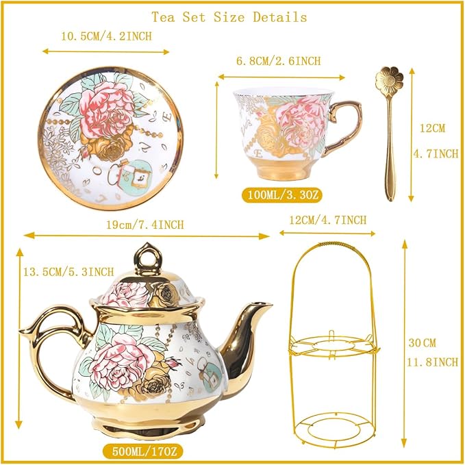 CHANJOON Gold Plated Red Rose Ceramic Tea Set, Vintage Tea Sets - Image 3