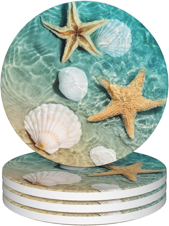 Coasters for Drinks,Starfish and Seashell On Beach Absorbent Coaster Set of 4 with Cork Base,Ceramic Drink Coasters for Cold Drinks Wine Glasses Cups Mugs,Housewarming Gifts for Home Decor