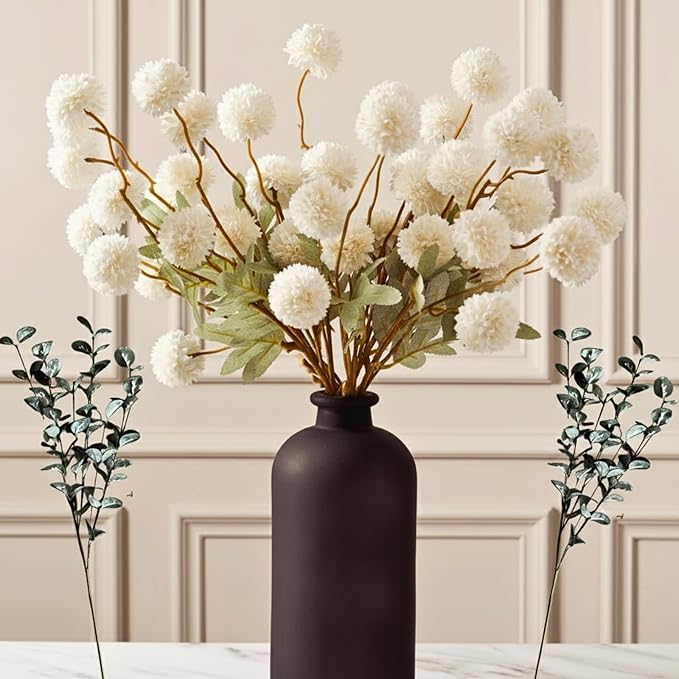 RyddeligHome White Faux Kiku Flowers for Vase - 10 Long Stem Artificial Flowers with Eucalyptus, Realistic Winter Floral Stems for Tall Vases, Farmhouse Home Decor (Premium Quality)