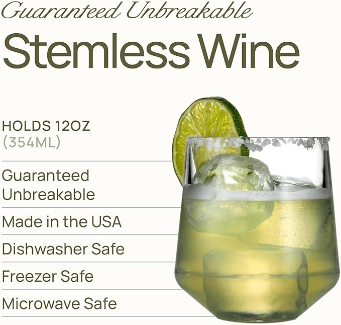 Drinique Unbreakable Stemless Wine Glasses - Set of 4 - Made in USA 12 oz Tritan Unbreakable Plastic Wine Glasses, Reusable for Indoor or Outdoor Use, BPA Free & Shatterproof, Amber