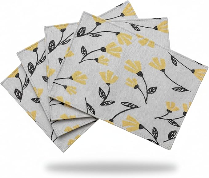 DaDa Bedding Yellow Fleur Floral Botanical Dining Table Placemats - Set of 4-Pieces Tapestry Spring Time Golden Orange Floral Garden Design - Decorative Cotton Linen Woven Kitchen Mats - 13” x 19”