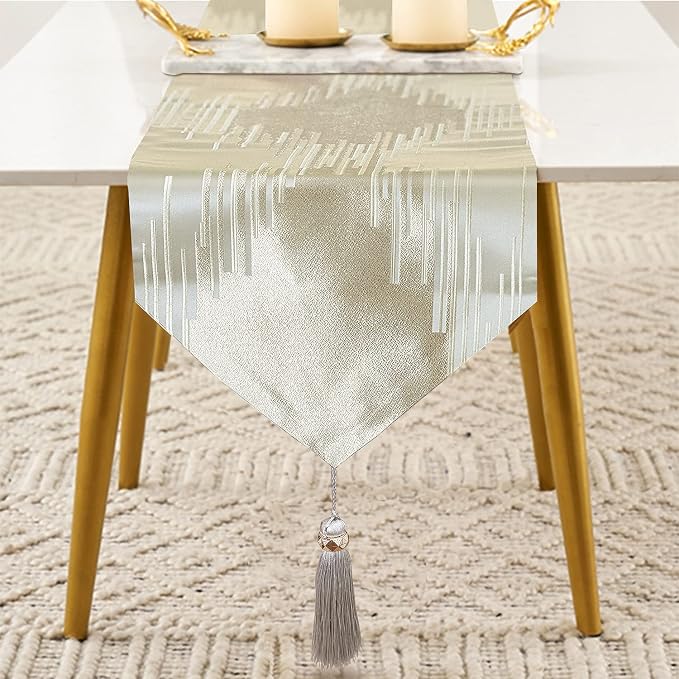 Luxury Beige Table Runner 120 Inches Long, Modern Geometric, Elegant Tassel | - Image 2