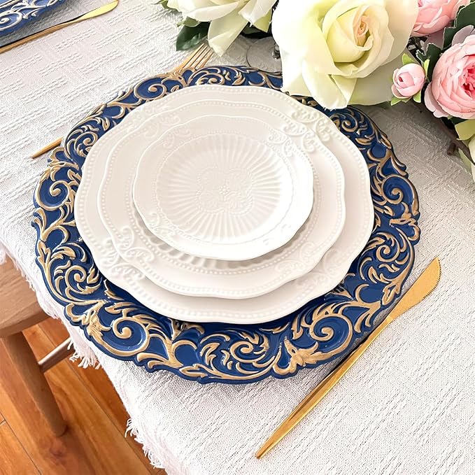 Antique Charger Plates with Gold Rim, 13 Inch Royal Blue Dinner Plate Chargers - Image 6