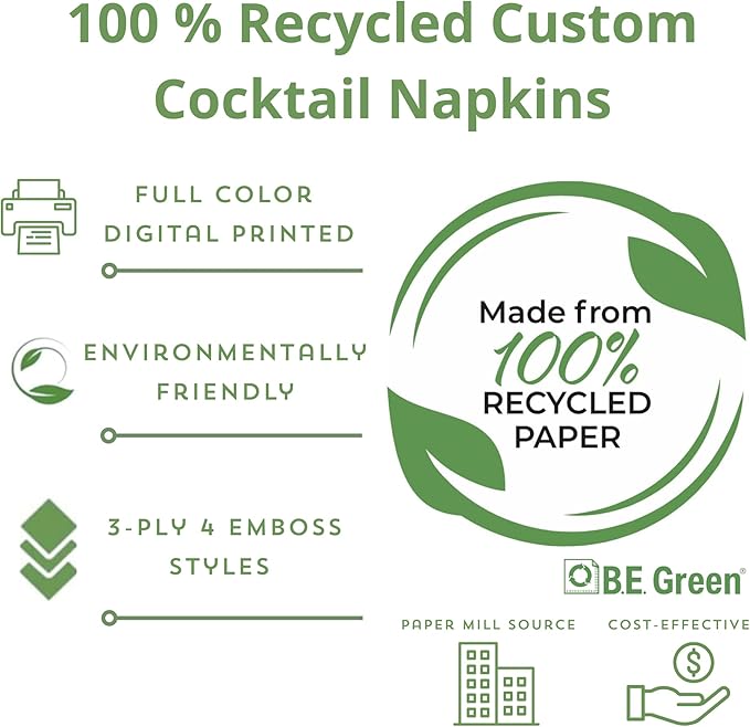 100% Recycled Custom Cocktail Napkins - Personalized 100% Recycled Napkins - Eco-friendly & Full-Color Digital Printed - Weddings, Events & Celebrations - Pack of 50 - Diamond Edge Embossed, 5"x 5"