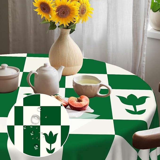 Laeacco 48 Inch Geometric Round Tablecloth Green White Plaid Square Flower Modern Abstract Art Print Table Cloth Washable Waterproof Wrinkle Free Table Cover for Kitchen Dining Picnic Party Decor