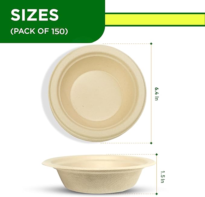 Compostable Bowls 12 OZ/350ml 150Pcs – Bamboo & Bagasse Disposable Bowls for Hot Soup-Temperature Resistant & Microwave Safe – Paper Bowls Disposable for Daily Meals
