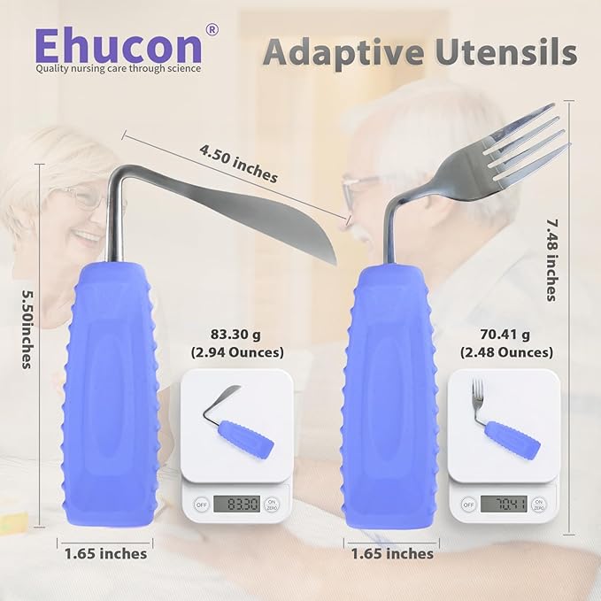 Adaptive Utensils Angled Knife and Fork for Hand Tremors Parkinsons,Weighted Utensils with Non-Slip Easy Grip Handles for Independent Eating (1pcs Bent Knife+1pcs Fork,Purple,Left Hand)