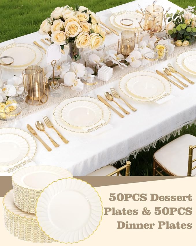YOUBET 100PCS Ivory and Gold Scalloped Plastic Plates - Image 4