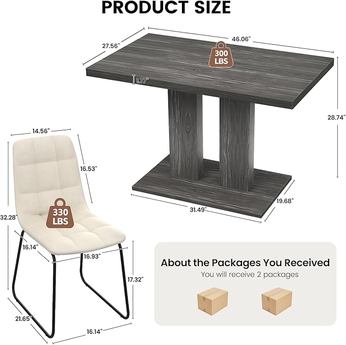 Modern 5-Piece Dining Table Set for 4, 46" Pedestal Dining Table with 4 Leather Chairs, Small Space Saving Kitchen Table Set, Grey Wood Finish Rectangular Table for Dining Room & Apartment