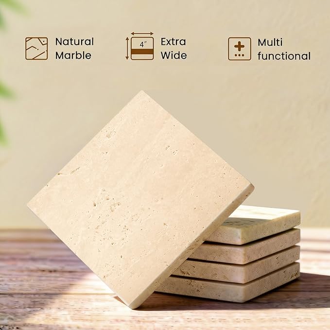 Natural Marble Coasters, Square Costers, Luxury Aesthetic Modern Decor for Coffee Table Bar Kitchen Home, Travertine Marble, Real Natural Semi Absorbent Stone Coasters