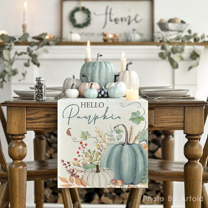 Artoid Mode 210 GSM Fall Table Runner 13x36 Inch Home Party Decor | Aqua Hello - Image 2