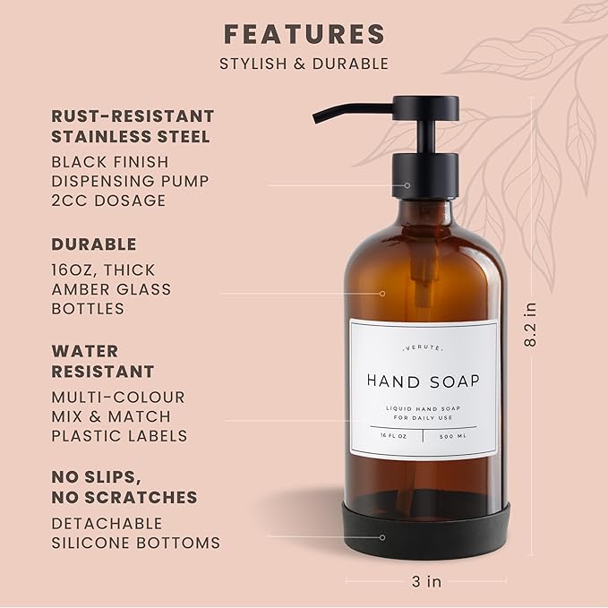 Hand and Dish Soap Dispenser for Kitchen and Bathroom, Set of 2 16 Oz Glass Bottles, Stainless Steel Pumps, Non-Slip Silicone Base, 27 Waterproof Labels (Amber Bottle/Black Pump)