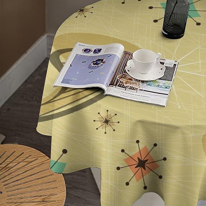Mid Century Round Tablecloth, Retro Abstract Atomic Boho Geometric Art Printed Tablecloth for Home Party Dining Room Kitchen Decor 60Inch(152cm)