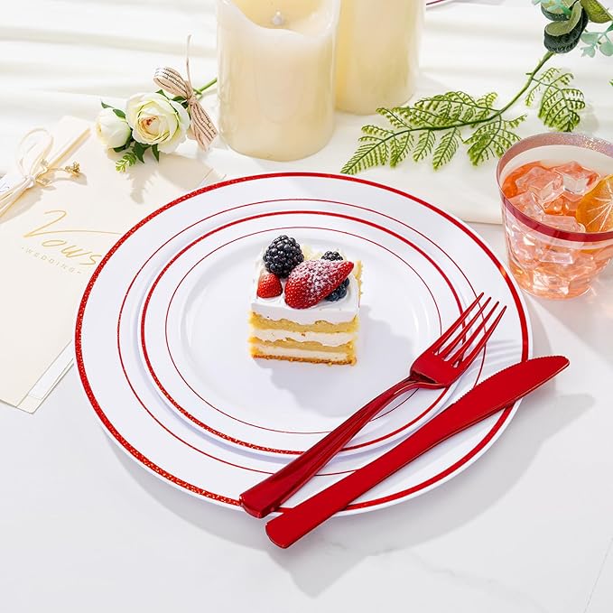 WELLIFE 210 Piece Red Plastic Dinnerware Set, Disposable Plates - Image 4