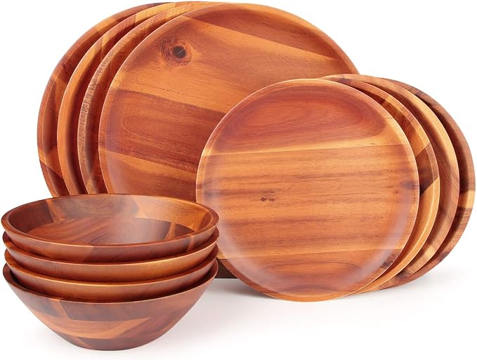 AIDEA Wood Dinnerware Set 12pcs Acacia Wood Tableware Set, Dishes Set by AIDEAHOME