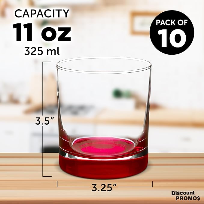 Whiskey Glasses by Libbey 10 oz. Set of 10, Bulk Pack - Heavy Base Old Fashioned Glass, Perfect for Scotch, Bourbon, Whiskey, Cocktail - Red