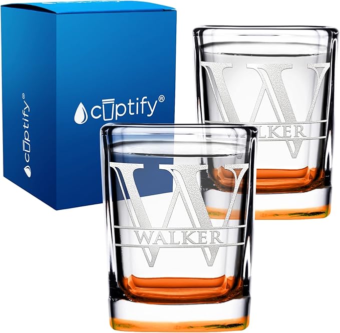 Personalized Glasses Set of 2 Initial and Name 2oz Orange Bottom Etched Square Shot Glass Engraved with Custom Text Birthday Gift for Men and Women