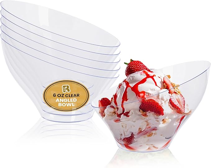 R-kay 6 Pack Angled Clear Serving Bowls - Small Plastic bowls 6 oz - Premium Plastic Serving Bowls Heavy Duty For Weddings Catering, parties, And All Occasions (Clear, Small)