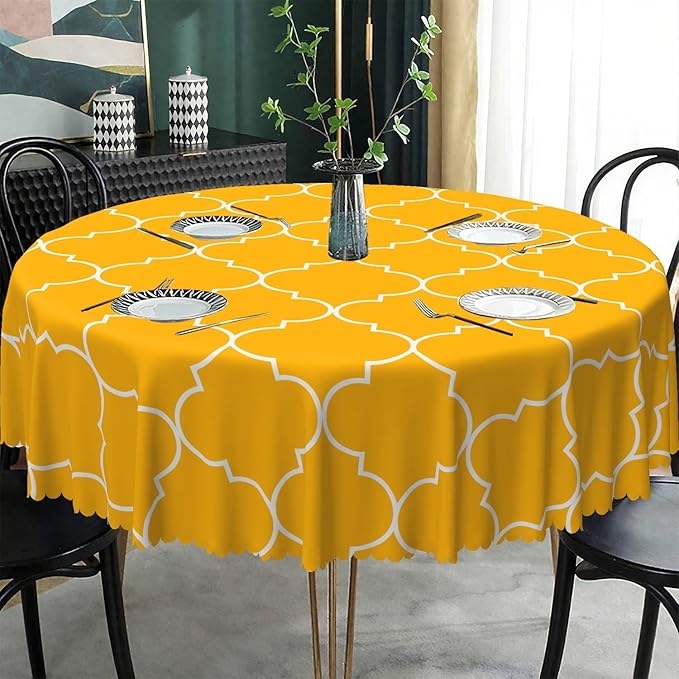 Laeacco 48 Inch Morocco Round Tablecloth Orange Geometric Lattice Modern Abstract Art Print Table Cloth Washable Waterproof Wrinkle Free Table Cover for Kitchen Dining Picnic Party Decoration