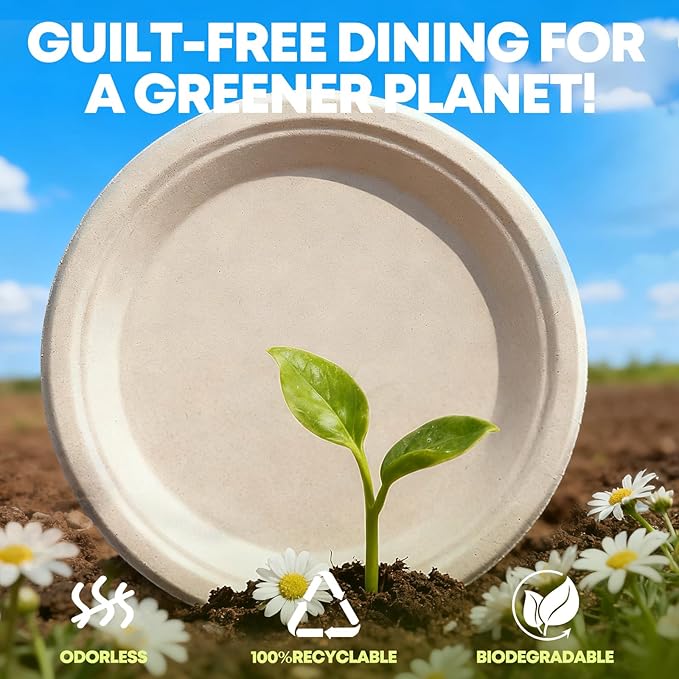 W&Y 100 Pack 9 Inch Paper Plates, Heavy-Duty Dinner Plates, Cut Resistant & 100% Compostable Disposable Paper Plate,Leak Proof & Microwave Safe for Parties, Weddings, Catering Events