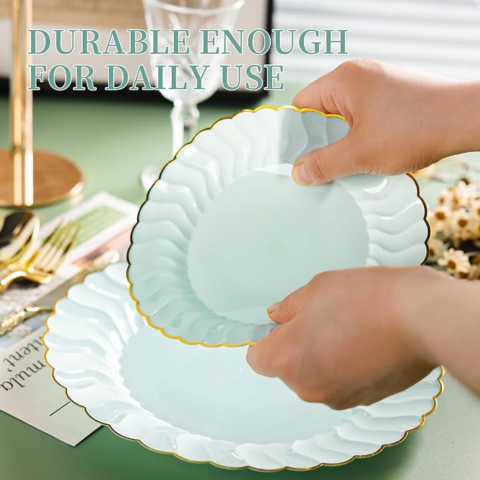 Lullaby 60PCS Sage Green Scalloped Plastic Plates - Image 7