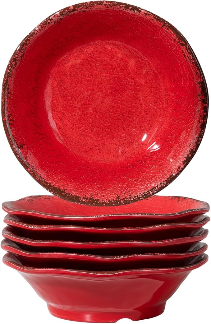 LEHAHA Melamine Cereal Bowls Sets, Set of 6 7” Farmhouse Melamine Small Bowls for Salad, Pasta, Snack, Dessert, Soup, Dipping or Ice Cream, Dishwasher Safe, Red