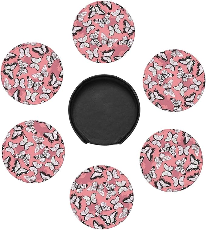 Drink Coasters with Holder Stand Set of 6, Butterfly Pattern Pu Leather - Image 5