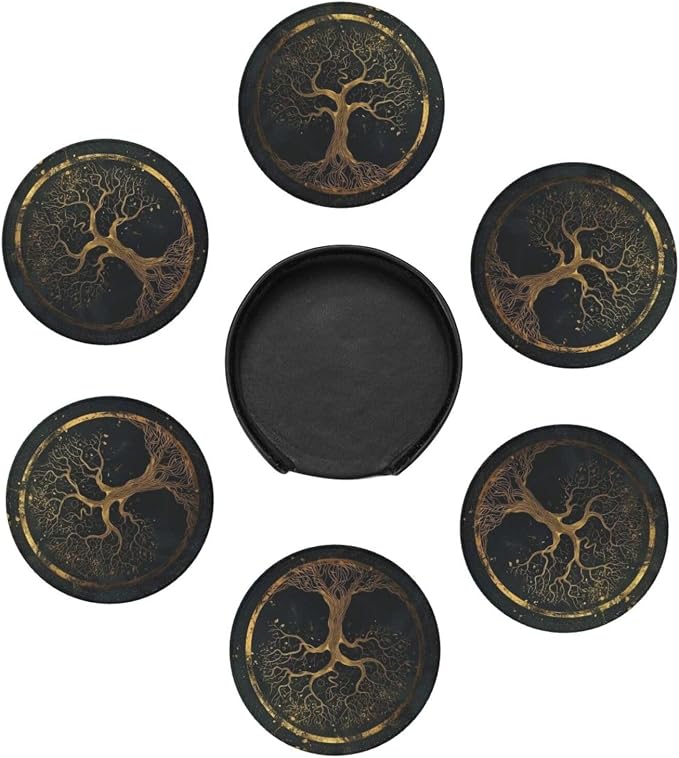 Drink Coasters with Holder Stand Set of 6, Marble Gold Tree of Life Pu Leather - Image 5