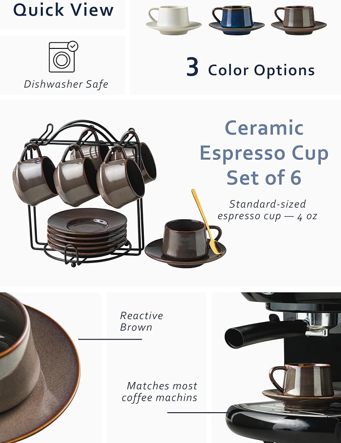 YHOSSEUN Espresso Cups 4 Oz, Porcelain Expresso Shots Cup Set of 6, Metal Stand - Image 2