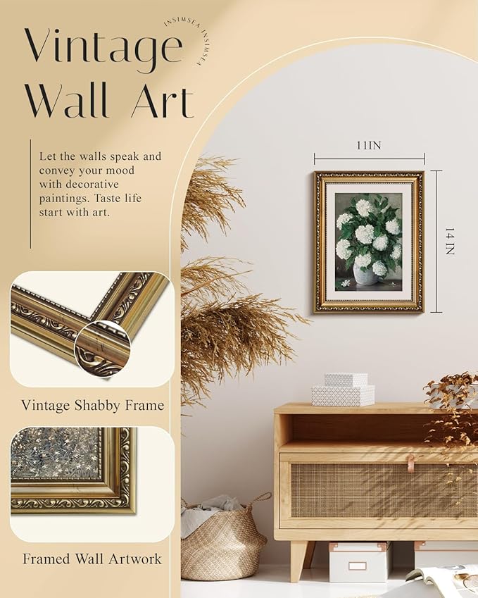 InSimSea Retro Gold Framed Wall Art, Home Room White Hydrangea Vintage Wall Decor, Canvas Print Artwork, Farmhouse Country Decor, Antique Picture Frame Floral Paintings, 11x14 Inch
