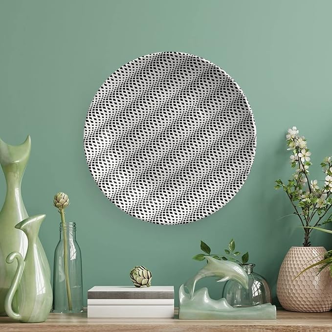 Decorative Plates, Abstract Print Ornament, Wavy Rhombus Abstract Modern Monochrome Decor, 10 Inch, 1 Plate with 1 Display Stand, Black White