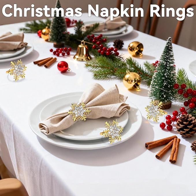 ZeeDix Christmas Gold Snowflake Napkin Rings Set of 24, Napkins Ring for Dinning Table - Rustic Dinner Tables Decoration for Wedding Receptions Christmas Thanksgiving Holiday Party Dinner Parties