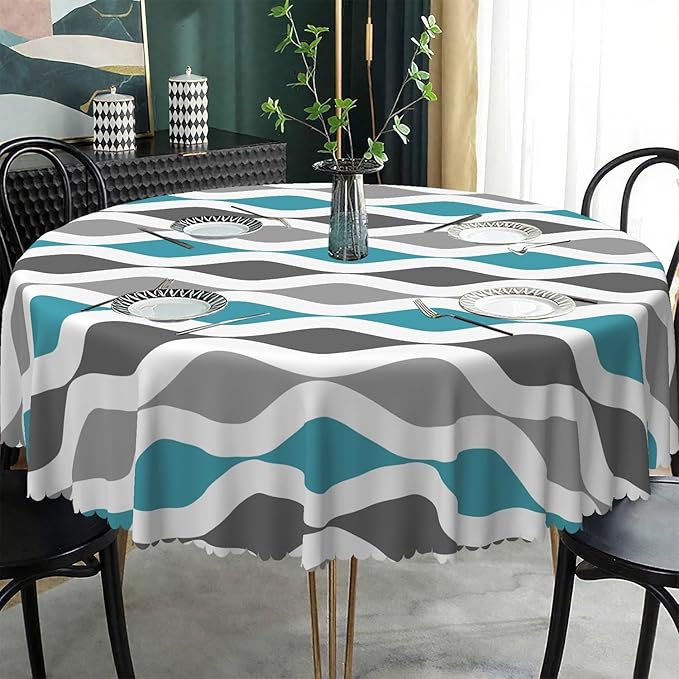 Laeacco 60 Inch Geometric Round Tablecloth Blue and Grey Waved Stripes Modern Abstract Art Print Table Cloth Washable Waterproof Wrinkle Free Table Cover for Kitchen Dining Picnic Party Decoration