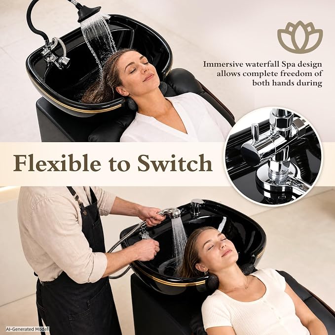 Shampoo Bowl and Chair Set for Salon, Hair Washing Station Barber Backwash Unit - Image 4