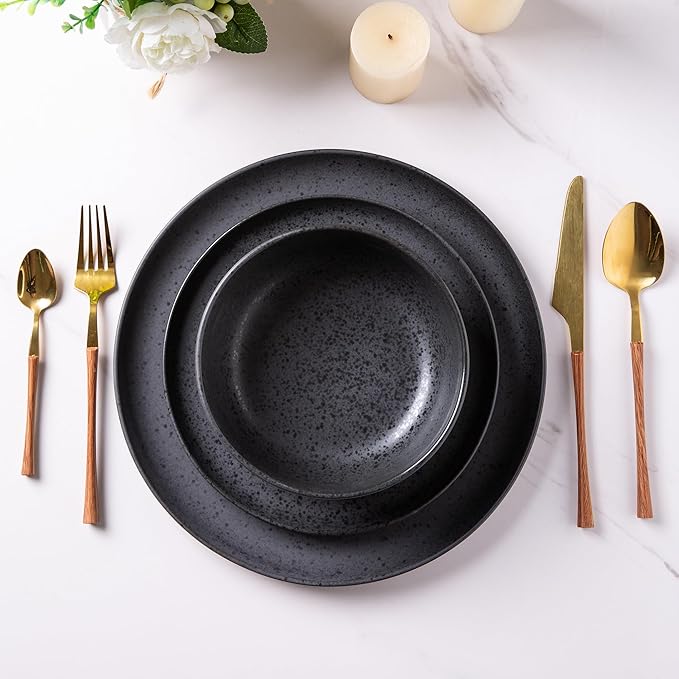 AmorArc Ceramic Dinnerware Sets, Wavy Rim Stoneware Plates and Bowls Sets,Dishwasher & Microwave & Oven Safe Dishes set, Service for 4 (12pc)-Charcoal Matte