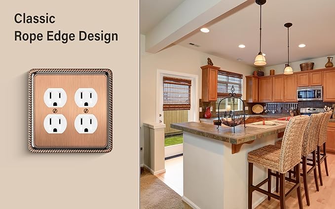 Henne Bery Rope Edge Decorative Wall Plate Switch Plate Outlet Cover (Double Duplex, Antique Copper)