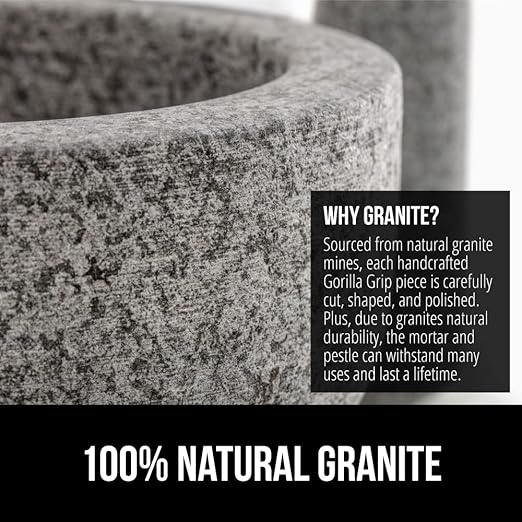 GORILLA GRIP Heavy Duty XL Mortar and Pestle Set with Slip Resistant Base, 4 Cup, 100% Granite Stone Molcajete Guacamole Bowl, Grind Seeds, Spices, Crush Garlic, Kitchen Muddler for Fresh Herbs, Gray