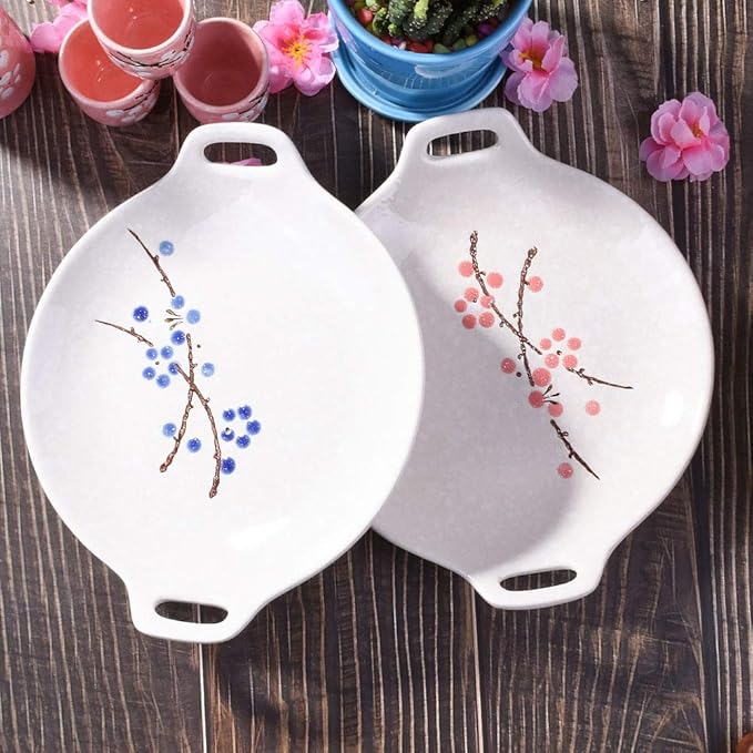 Japanese Hand-painted Ceramic Dinner Plates, Ceramic Dinner Plate Set of 2, Household Tableware(Red and blue)