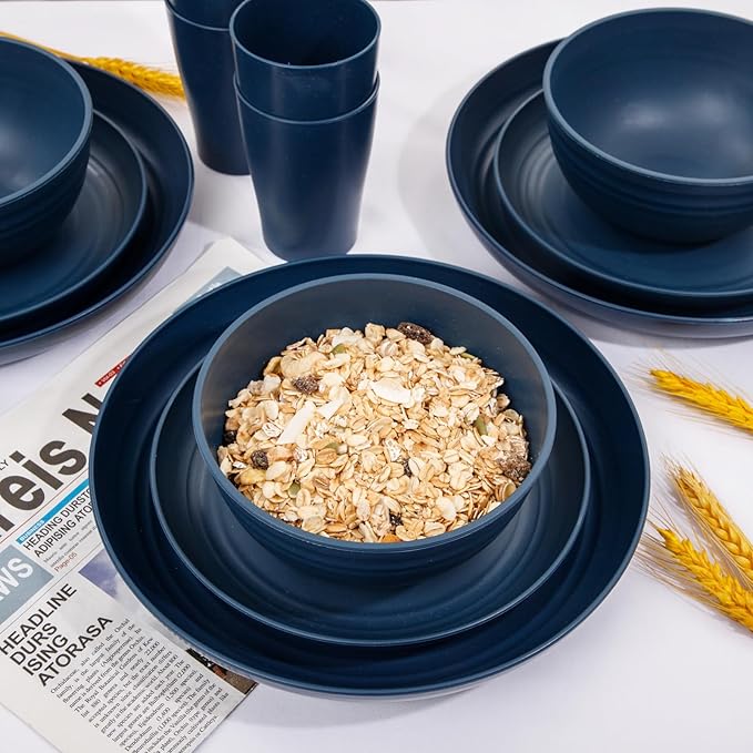 Supernal Wheat Straw Dinnerware Sets, Tableware Set for 8, Plates and Bowls Sets, Reusable Dinnerware Set, Dishwasher Safe, Blue Plastic Dinnerware Sets 16pcs Plates, 8pcs Bowls, 8pcs Cups