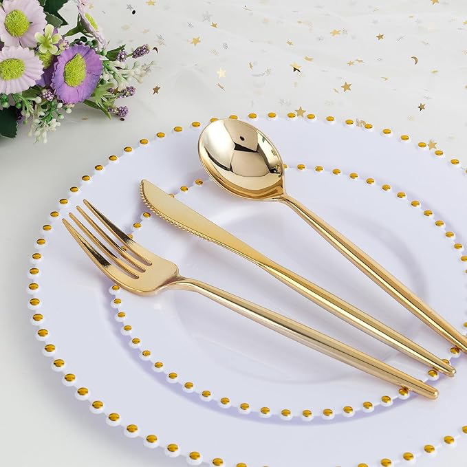 EI 60pcs White Plastic Plates with Gold Rim,Heavy Duty 10" Dinner & 7" Dessert Plate Disposable,White and Gold Plate for Party,Wedding,Birthday,Afternoon Tea,Spring,Mother's Day,Valentine's Day