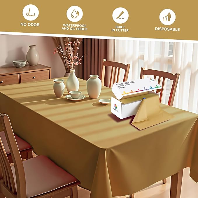 54 Inch X 200 Feet Plastic Table Cover Roll with Convenient Slide Cutter, Disposable Plastic Table Cloth Roll with Cut-to-Size Design for Weddings, Banquets, Parties (Gold)