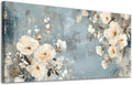 ADJUVANT Wall Art Vintage Floral 60" L x 30" W, Creamy Flowers On Distressed Blue Background Canvas Painting Blossoms Artwork Prints Floral Wall Decor for Living Room Bedroom Dining Room Home Office