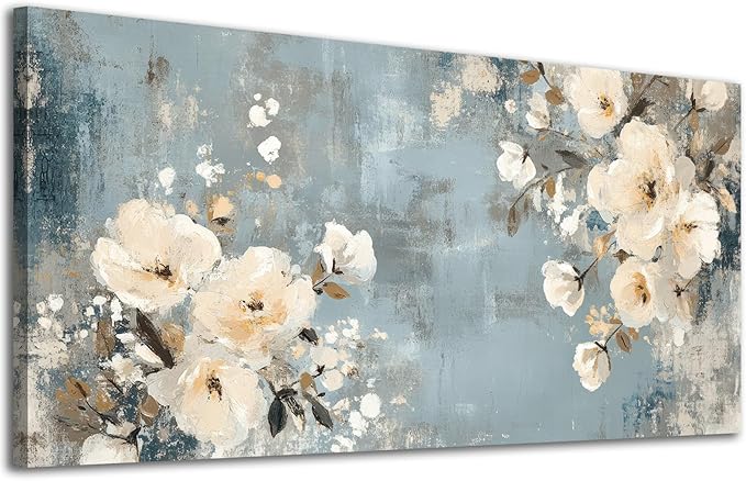 ADJUVANT Wall Art Vintage Floral 40" L x 20" W, Creamy Flowers On Distressed Blue Background Canvas Painting Blossoms Artwork Prints Floral Wall Decor for Living Room Bedroom Dining Room Home Office