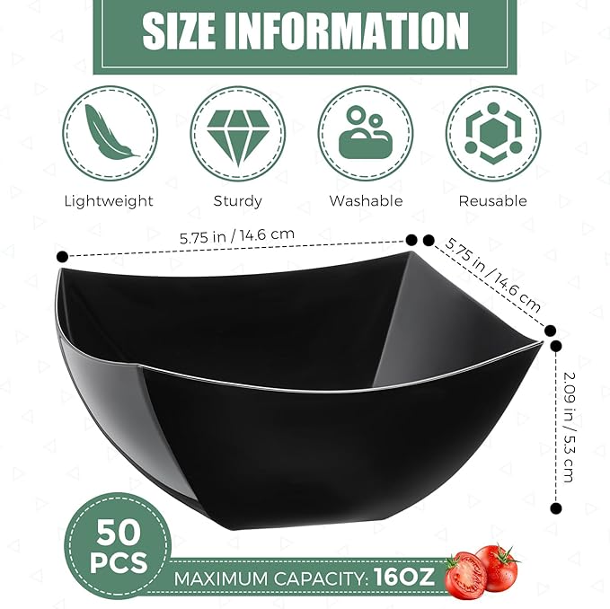Tanlade 50 Pcs Square Plastic Serving Bowls Disposable Snack Salad Bowl Small Party Candy Bar Containers Taco Bar Serving Dishes for Buffet Chips Fruit(Black,16 oz)