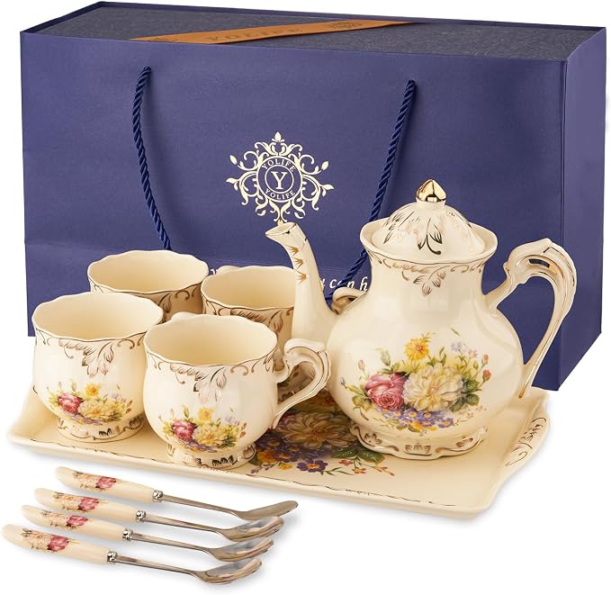 YOLIFE Porcelain Tea Set, Ivory Vintage Flowering Shrubs Teaset | 4 Teacups - Image 9