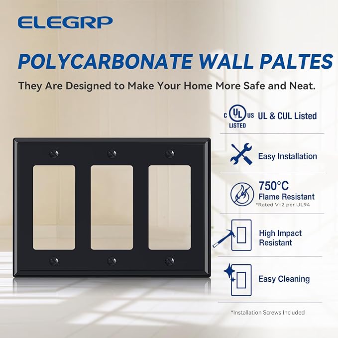 ELEGRP 3-Gang Decorative Wall Plates, Standard Size 4.53" H x 6.39" L Unbreakable Thermoplastic Faceplate Cover for Decorator Receptacle Outlet Switch, UL Listed (2 Pack, Glossy Black)