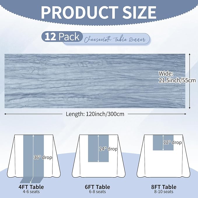 12 Pack Dusty Blue Cheesecloth Table Runner 10Ft, Gauze Table Runners 21.5 x - Image 2