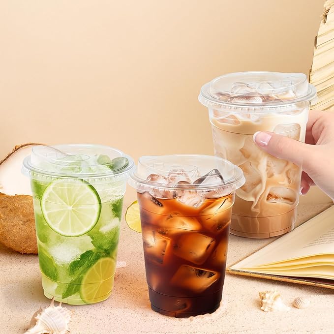 16 oz 100 Pack Clear Plastic Cups with Lids, Sturdy Iced Coffee Cups with Sip Lids, Disposable Food Safe Smoothie Cup for Cold Drinks, Juice, Milkshake