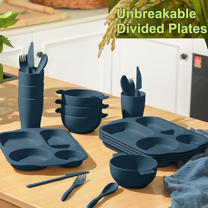 Tanlade 24 Pcs Wheat Straw Dinnerware Cutlery Sets, Divided Plates Unbreakable Bowl Microwave Dishwasher Safe Tableware Cutlery Spoon Knife Fork Cup(Dark Blue)