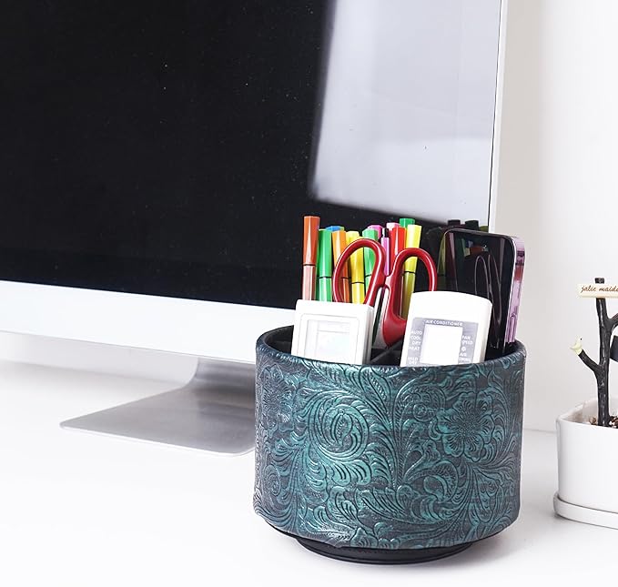 lizimandu Round Leather Art Supply Organizer,Remote Control Holder,360 Degree Spinning,Multi-Functional Pencil Holder,4 Compartments Desktop Stationary Organizer(1-Carved Metal Green3)